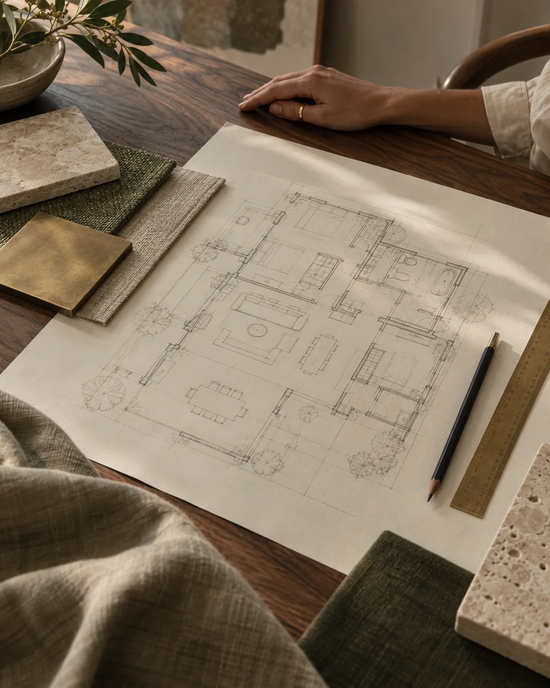 An interior floor plan with stone, brass and fabric samples on a walnut worktable